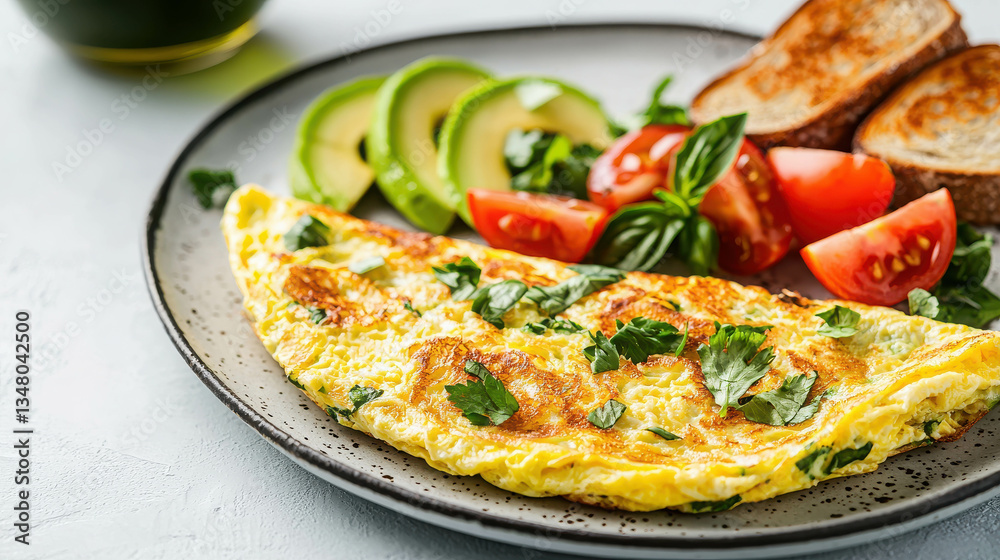 Freshly Made Omelette with Vegetables and Toast Served on a Decorative Plate Freshly Made Omelette with Vegetables and Toast Served on a Decorative Plate