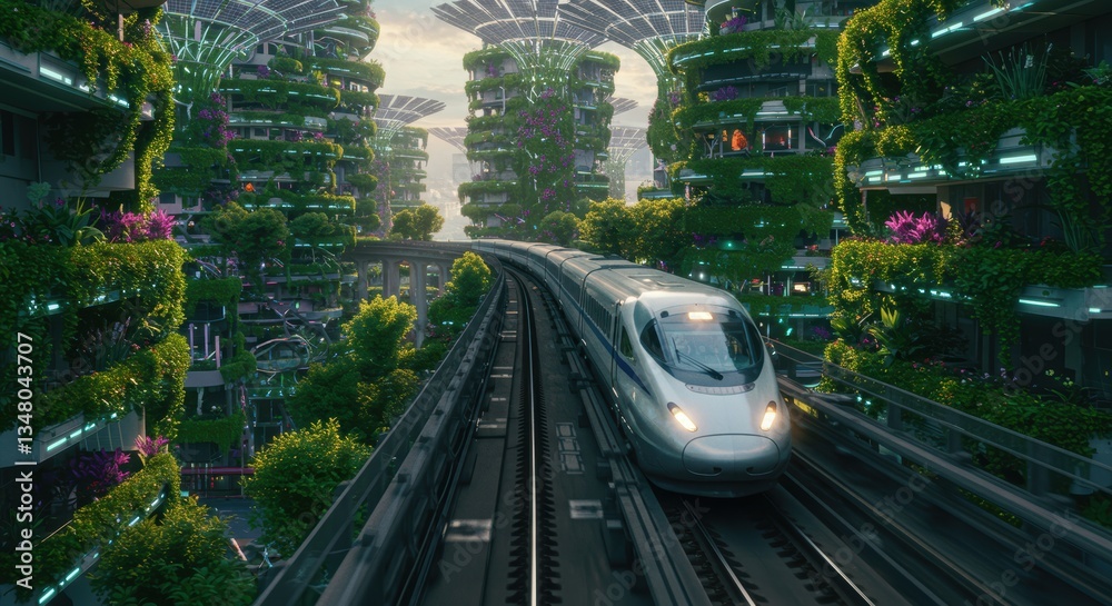 Fototapeta premium Futuristic train journey through sustainable green city with vertical gardens