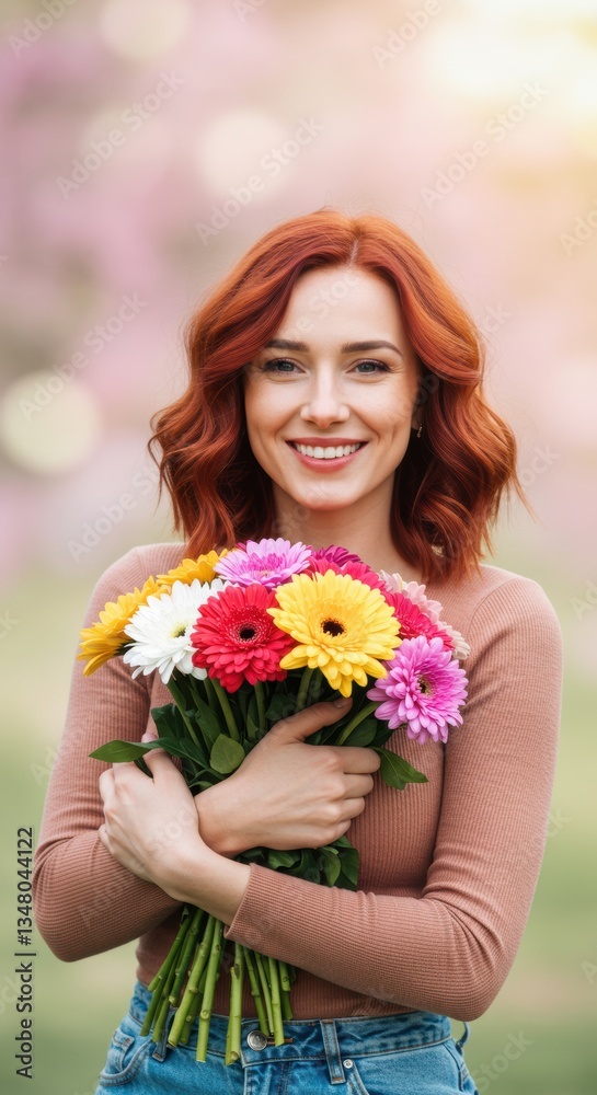 Smiling woman with colorful flower bouquet in bright outdoor setting Smiling woman with colorful flower bouquet in bright outdoor setting