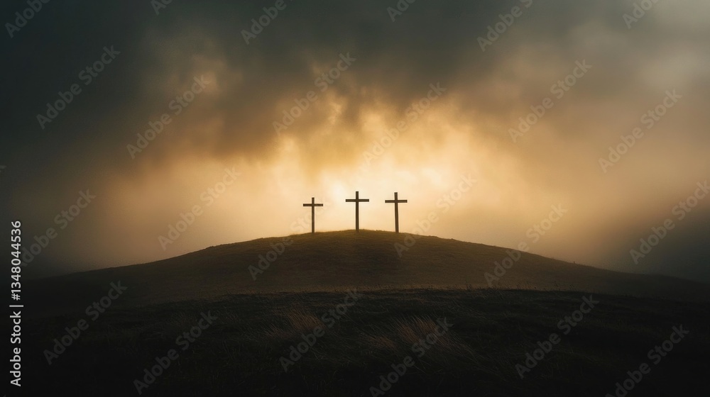 Obraz premium Three wooden crosses silhouetted on a hill against a golden Easter sunrise.