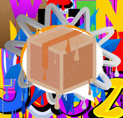 Cardboard Box graffiti. Abstract modern street art decoration performed in urban painting style.