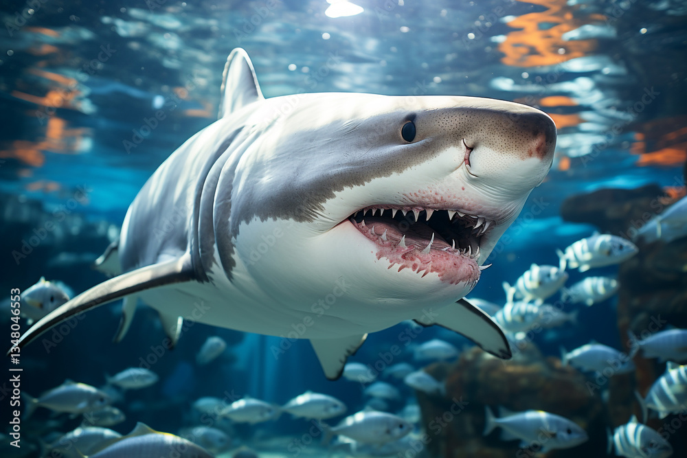 Naklejka premium breathtaking spectacle of a school of fish gracefully gliding through water showcases their harmonious choreography, seamless transitions, and unwavering togetherness, all emblematic of these captivat