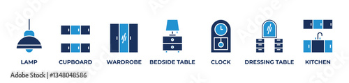 Complete Home Essentials  Icons set vector illustration with  LAMP , CUPBOARD, WARDROBE, BEDSIDE TABLE, CLOCK, DRESSING TABLE, KITCHEN