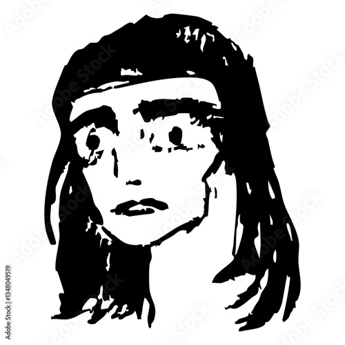 Cassandra. Head of a terrified brunette woman with wide open eyes. Portrait of a tribal youth. Fanatic person. Hand drawn linear doodle rough sketch. Black and white silhouette.