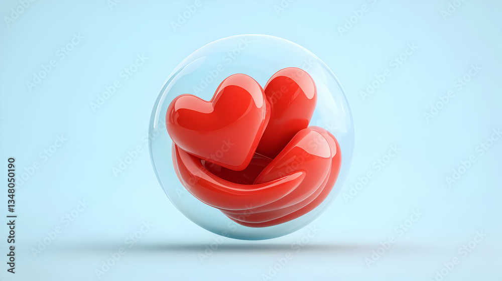 Two Red Hearts Held by Hands Inside a Transparent Sphere on a Light Blue Background Two Red Hearts Held by Hands Inside a Transparent Sphere on a Light Blue Background