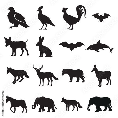 Animal Silhouette Collection, Wildlife and Farm Animals Vector Set.