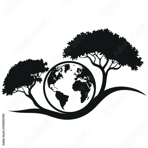  Earth and Tree Design , Nature Inspired Black and White Art, Earth and Tree Silhouette Vector Design.