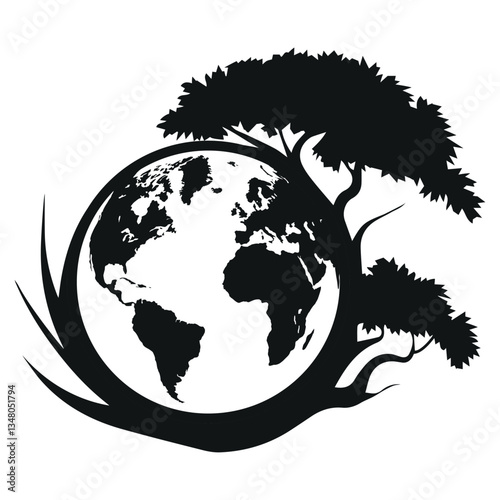  Earth and Tree Design , Nature Inspired Black and White Art, Earth and Tree Silhouette Vector Design.