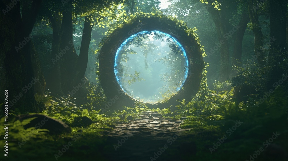 Fototapeta premium A glowing portal entrance exists in a sunlit forest setting