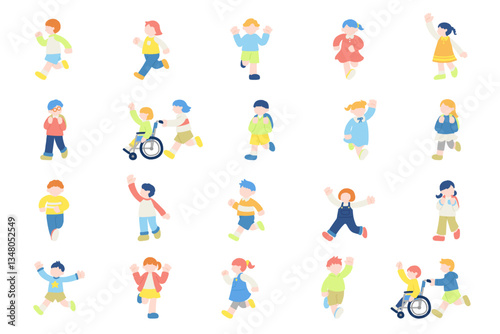楽しそうに走るこども達のフラットなイラスト(セット)
