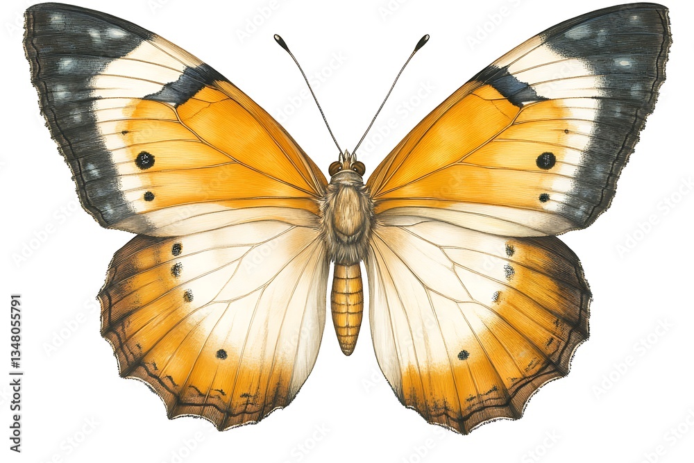 Fototapeta premium Orange Butterfly with detailed wings, isolated on white background