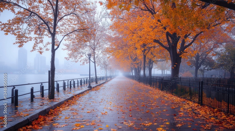 Autumnal Serenity: Foggy Walkway Along the River Autumnal Serenity: Foggy Walkway Along the River