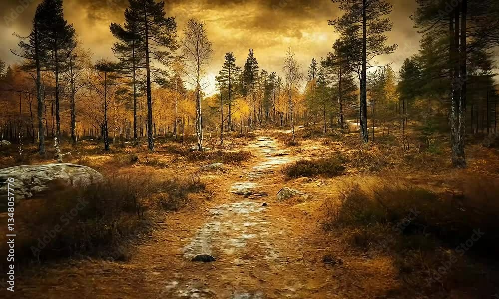 Autumnal forest path, Scandinavian landscape, dramatic sky, nature background, travel