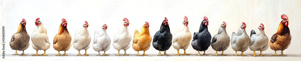 A serene watercolor illustration of a line of colorful chickens suitable for farm-themed decor, children's art, or springtime celebrations. A serene watercolor illustration of a line of colorful chickens suitable for farm-themed decor, children's art, or springtime celebrations.