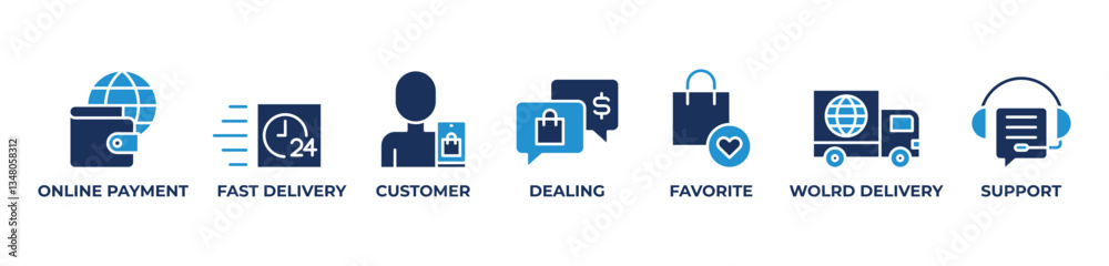 Global Shopping Experience Icons set vector illustration with ONLINE PAYMENT, FAST DELIVERY, CUSTOMER, DEALING, FAVORITE, WOLRD DELIVERY, SUPPORT Global Shopping Experience Icons set vector illustration with ONLINE PAYMENT, FAST DELIVERY, CUSTOMER, DEALING, FAVORITE, WOLRD DELIVERY, SUPPORT