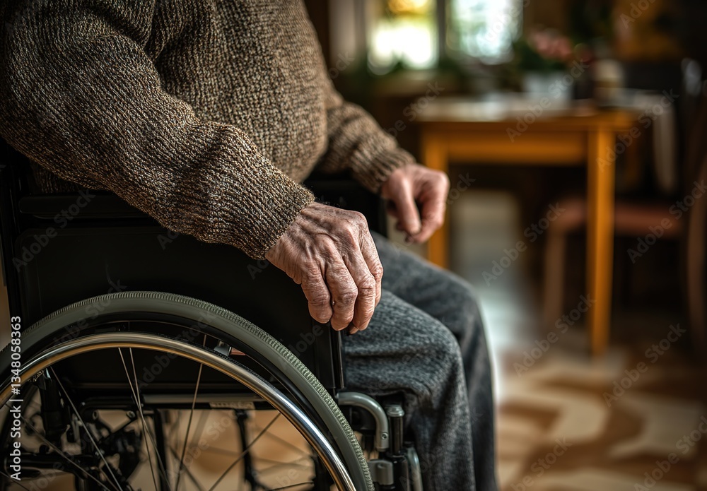 Obraz premium Man in wheelchair, close-up shot, hand on armrest, soft indoor lighting