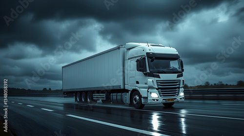 A blue semi-trailer truck speeding on a wet highway under a dramatic sunset sky with clouds.