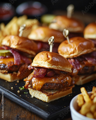 delicious cheeseburger sliders with bacon and fries on black cutting board