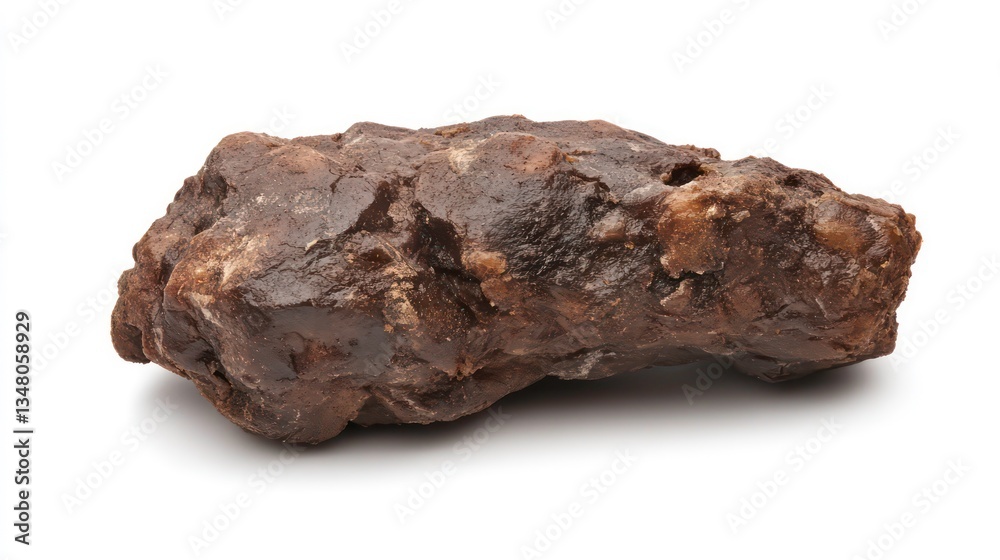 Close up of dark brown rock or poop on white background. Possible use educational purposes