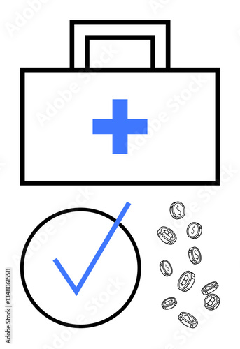 Medical briefcase with cross, scattered coins, and checkmark indicating approval or completion. Ideal for healthcare, finance, insurance, cost analysis, budgeting wellness and success. Flat simple