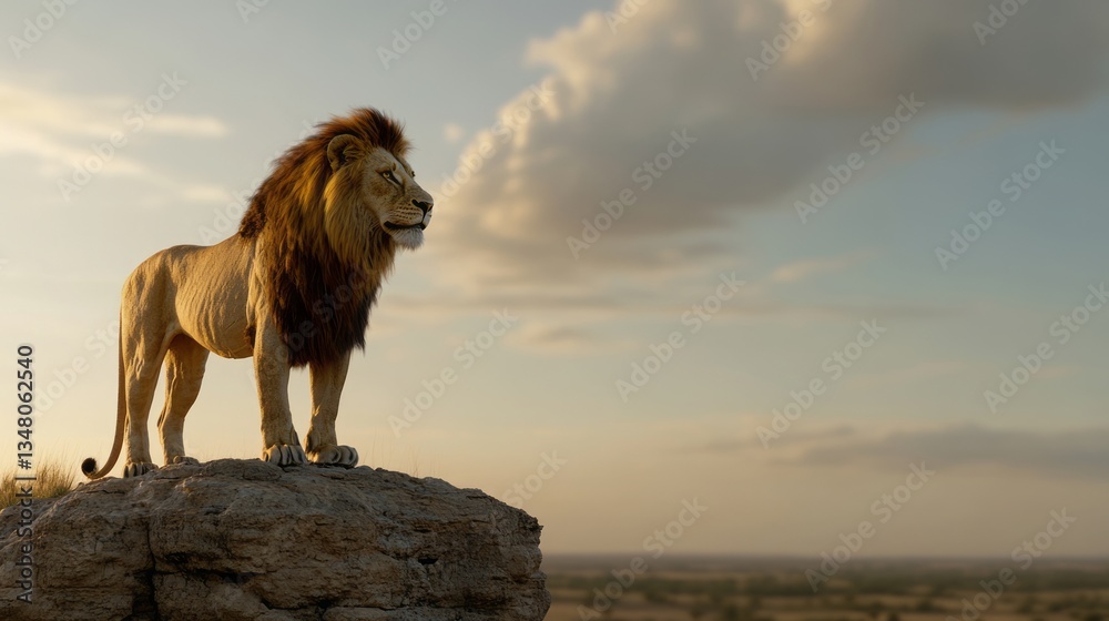 a lion standing on a rock with a vast sky and field in background.