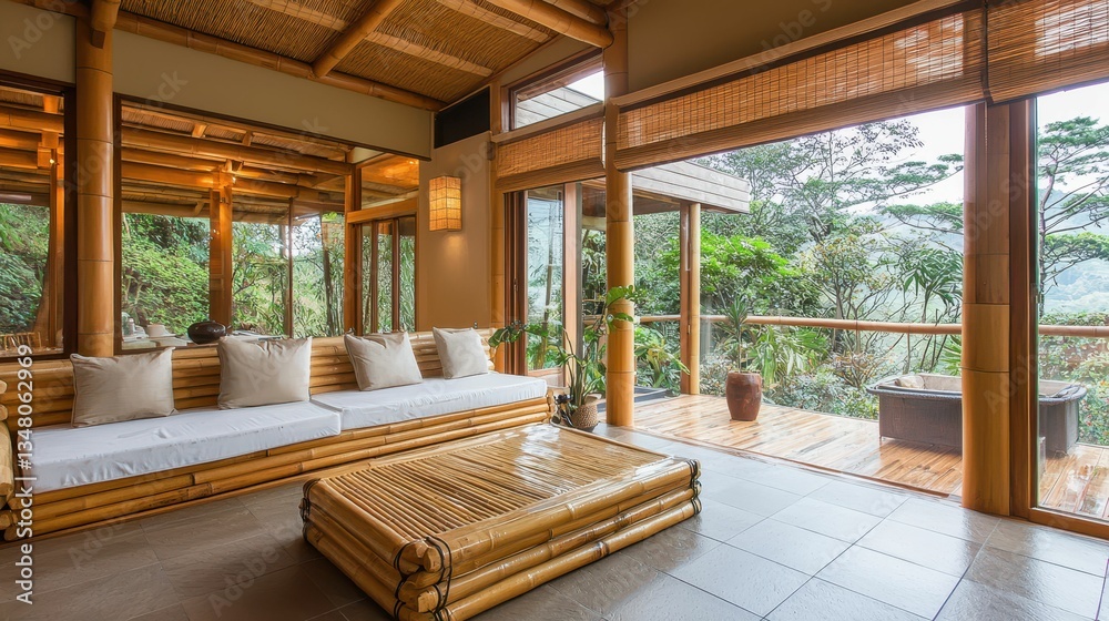 Fototapeta premium Contemporary Eco-Friendly Bamboo House Interior with Nature Views