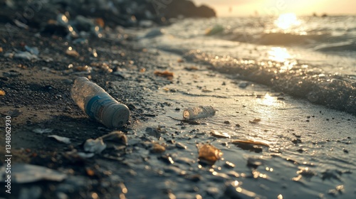 plastic waste pollutes a beach with sunset and sea.