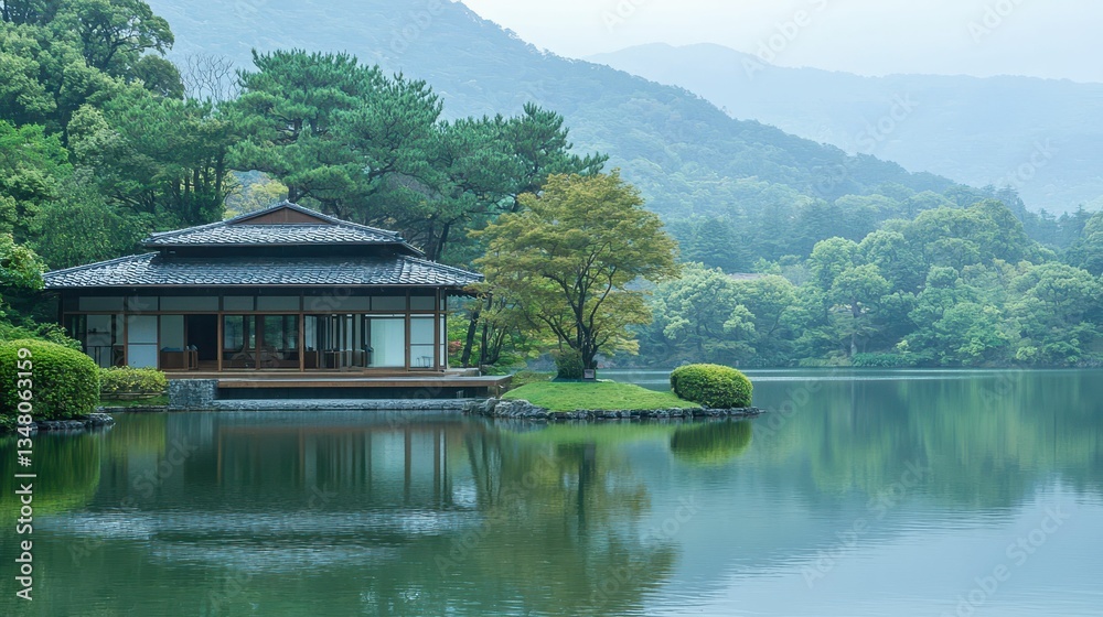 Obraz premium Tranquil Contemporary Japanese House by Lakeside in Serene Landscape