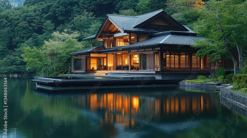 Obraz premium Contemporary Japanese House by Lakeside at Twilight Reflection