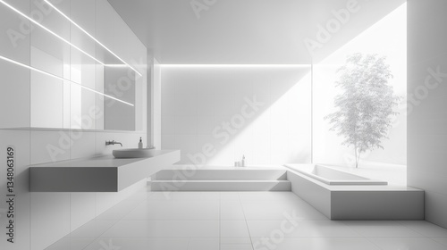 Modern minimalist white bathroom design featuring sleek vanity and bathtub. AI generated