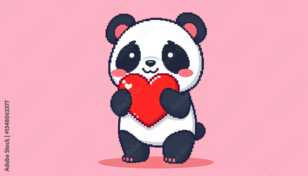 Fototapeta premium Pixel Art Panda Holding a Pixelated Heart 2