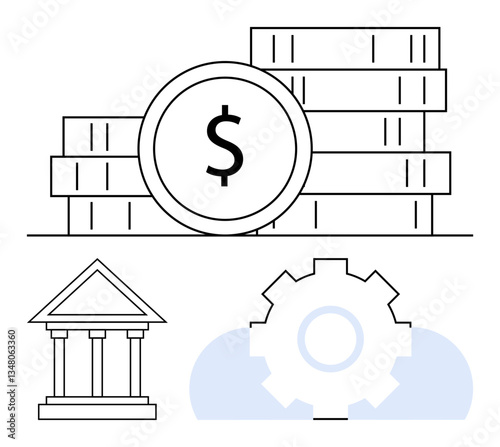 Stacked coins with dollar sign, a classical bank building, and a gear on faint cloud background. Ideal for finance, banking, economy, wealth, investment management business processes. Flat simple