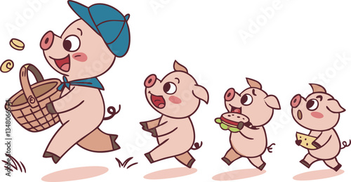Playful Piglet Parade with Basket, Burger, and Cheese – Whimsical Farm Animal Cartoon