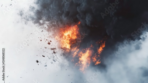 Intense explosion with bright flames, billowing smoke, and flying debris against a clean white background. Versatile for depicting action, destruction, or dramatic scenes.