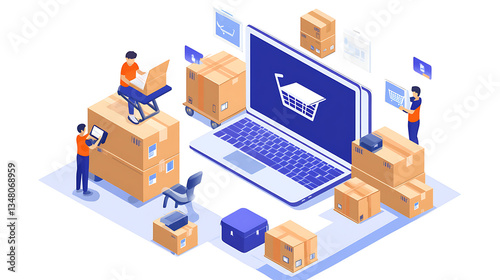 Isometric Illustration of ECommerce Warehouse Workers Processing Orders with Laptop