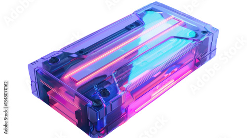 Futuristic transparent container glowing with neon lights on transparent background