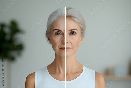 Mature woman's face split in half showing before and after anti-aging treatment. Skin rejuvenation and wrinkle reduction concept for beauty industry and cosmetic procedures