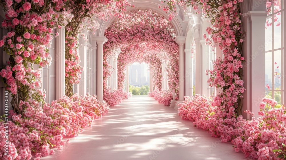 Pink Flower Archway In A White Classical Building Pink Flower Archway In A White Classical Building