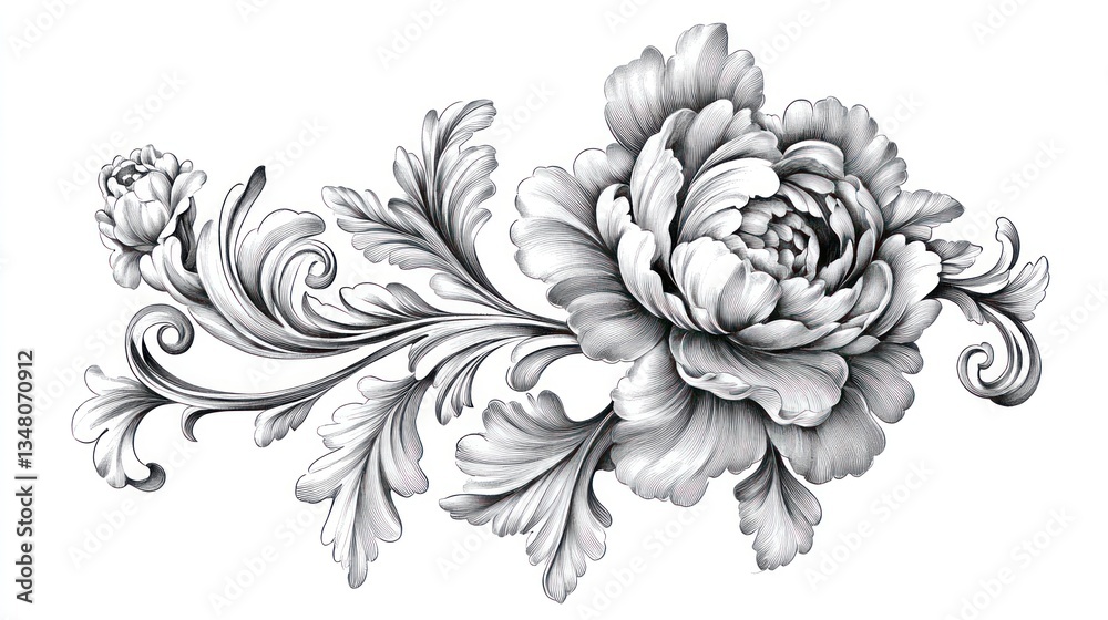 Fototapeta premium Elegant Monochrome Floral Design: A grayscale illustration of a peony flower with intricate baroque scrollwork.