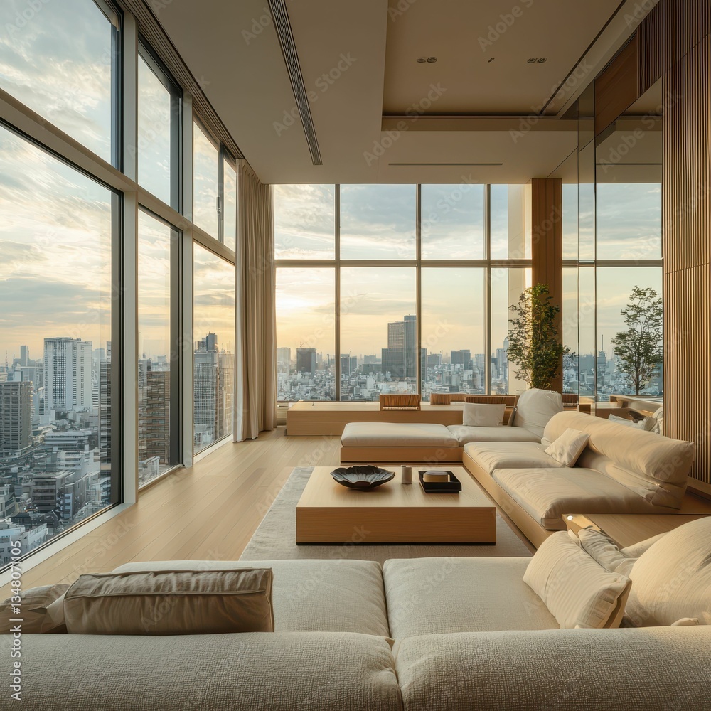 Fototapeta premium Serene Minimalist Japanese Penthouse with Panoramic City View