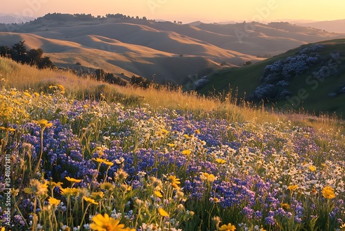 Wildflowers Scattered Across a Field with the Sun Rising Behind photo