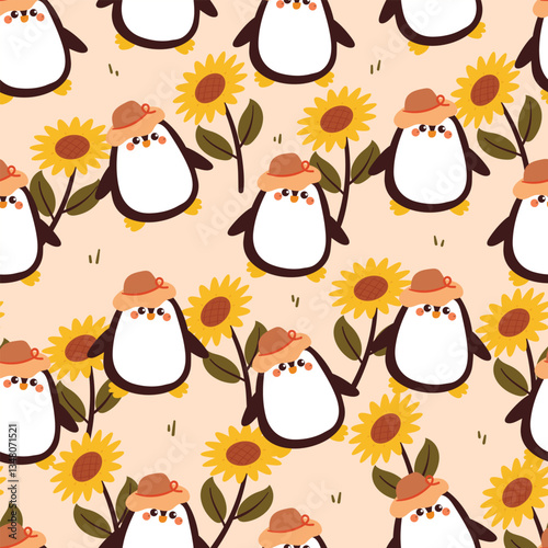 seamless pattern cute cartoon penguin wearing hat with flowers. animal pattern for spring wallpaper, background and gift wrap paper