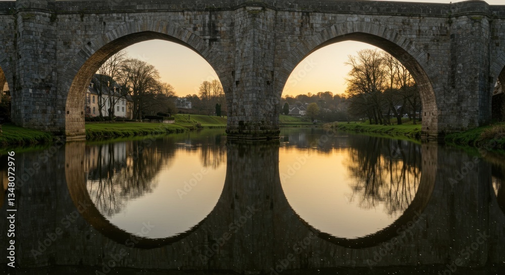 Fototapeta premium Stone Arch Bridge Reflection in Calm River at Peaceful Sunset
