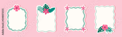 Minimalist simple tropical summer hand drawn frames with wavy lines. Vintage greeting card templates.