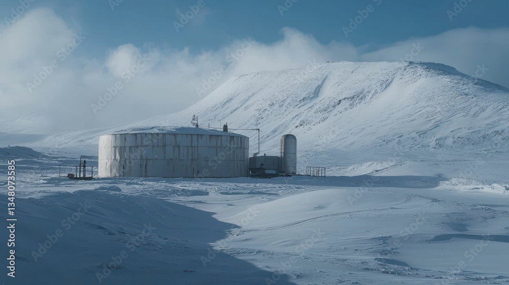 Remote Arctic Fuel Depot Surrounded by Snow and Ice Landscape Remote Arctic Fuel Depot Surrounded by Snow and Ice Landscape