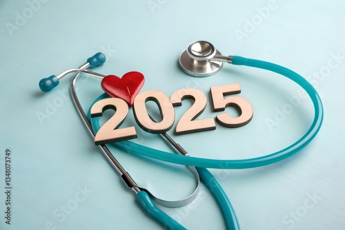 2025 Happy New Year for health care.heart health, health insurance concept, new year resolutions goal. yearly health checks and healthy trend. Red heart and stethoscope on blue background