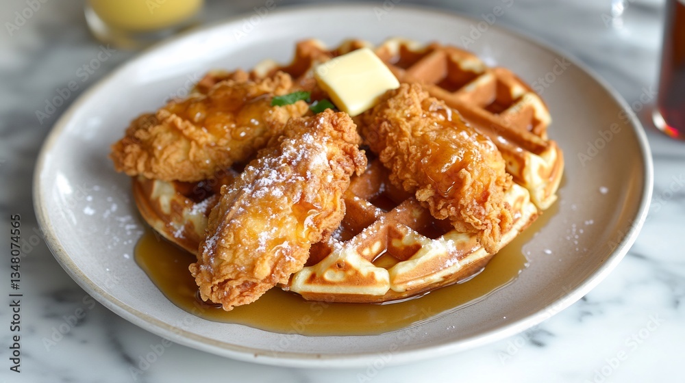 American chicken waffles golden and crispy drizzled with maple syrup and served with butter for a savory brunch meal American chicken waffles golden and crispy drizzled with maple syrup and served with butter for a savory brunch meal
