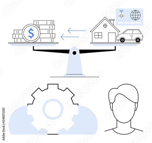 Scales weighing coins against assets thumbs up a house and car, person icon, and gear symbolizing balance, decision-making, and technology. Ideal for finance, investment, planning, lifestyle