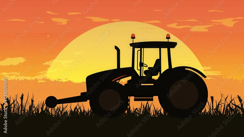 Fototapeta premium Silhouette of a tractor working the land at sunset, set against a vibrant orange sky, creating a warm, dramatic, and timeless farming scene.