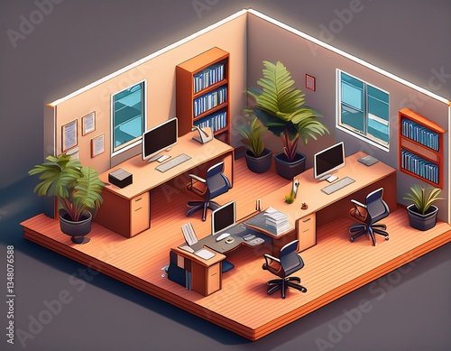 modern office space isometric 3d render of a contemporary workspace design
